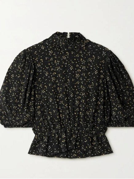 Ganni Black Floral Puff-Sleeve Peplum Top Size 36